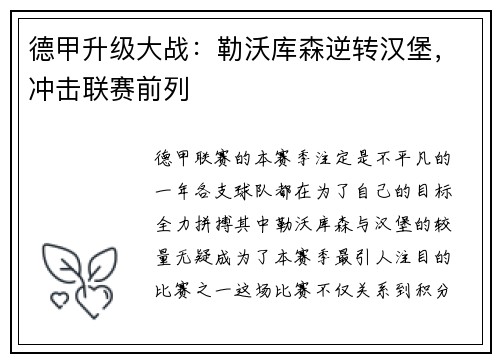德甲升级大战:勒沃库森逆转汉堡,冲击联赛前列